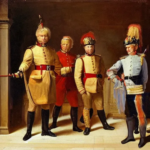 Prompt: the changing of the guard but with technicians, oil painting