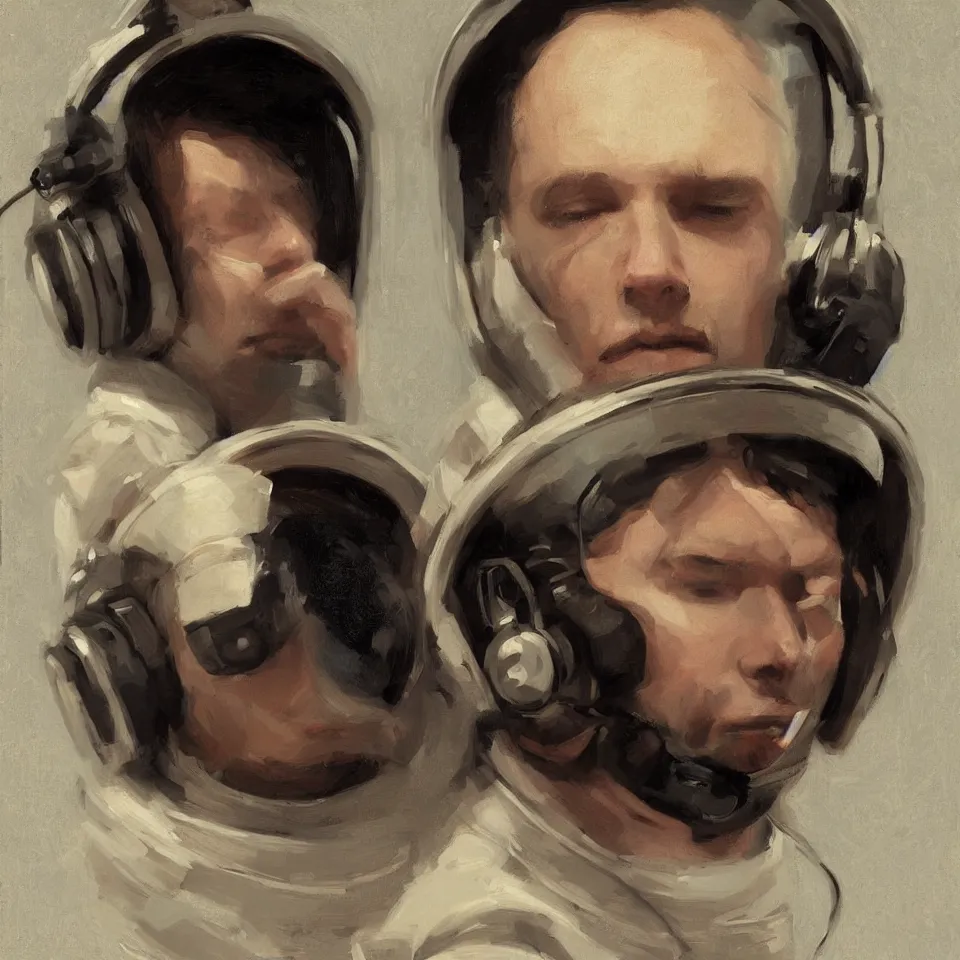 Image similar to a portrait astronaut wearing a headphone, digital painting, digital art, beautiful, cinematic, art by jeremy lipking