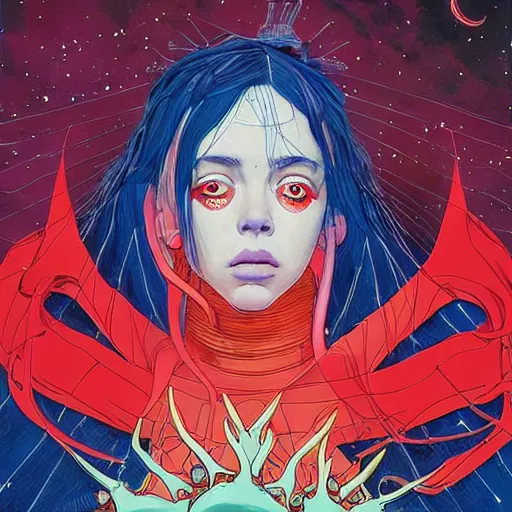 Image similar to closeup : billie eilish as the empress of the universe sits on stellar throne. illustration by james jean and satoshi kon and erik jones, inspired by evangelion, smooth feature, intricate oil painting, high detail illustration, sharp high detail