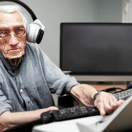 Image similar to A colored colorized real screenshot of Jerma985 as an elderly guy streaming on his computer while wearing headphones, taken in the early 2020s, taken on a 2010s Camera, realistic, hyperrealistic, very realistic, very very realistic, highly detailed, very detailed, extremely detailed, detailed, digital art, trending on artstation, headshot and bodyshot, detailed face, very detailed face, very detailed face, real, real world, in real life, realism, HD Quality, 8k resolution, intricate details, colorized photograph, colorized photon, body and headshot, body and head in view