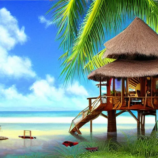 Prompt: fancy tropical treehouse on the beach of a floating island in the sky detailed photo realistic magical realism painting 8k