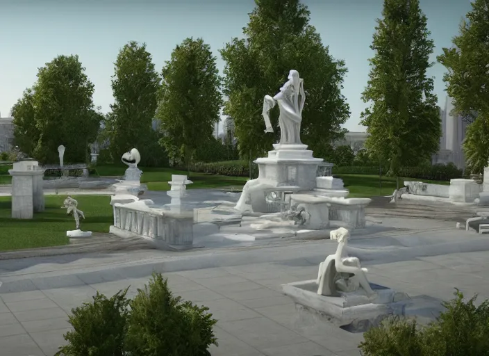 Prompt: a park with many marble statues, cinematic light, 8 k, unreal engine,