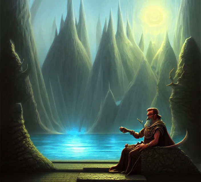 Prompt: subsurface scattering, a wizard rests at a lake oasis, the art of athas and dark sun, brom's dark sun art on a 7 0's style fantasy novel cover, digital painting by brom, amazingly detailed d & d art, concept art, intricate details, beautiful, volumetric lighting, cgsociety, artstation, square enix cinematic art