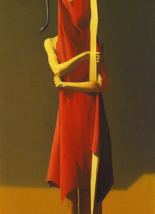 Image similar to woman in paper bag over the head and a sward Edward Hopper and James Gilleard, Zdzislaw Beksinski, highly detailed