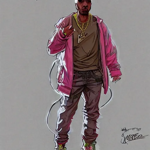 Prompt: Tupac Shakur. Concept art of a perceptive cyberpunk hiphop artist in casual clothing. Cyberpunk 2077 character design by Laurie Greasley and Sherree Valentine Daines