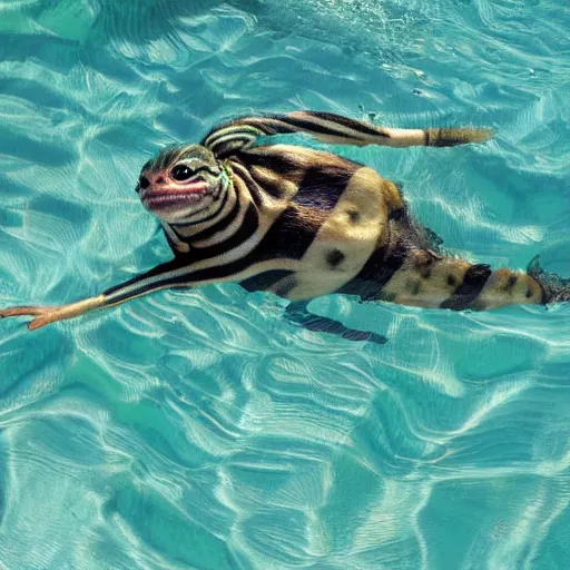 Prompt: striped gremlin swimming in a pool in the desert