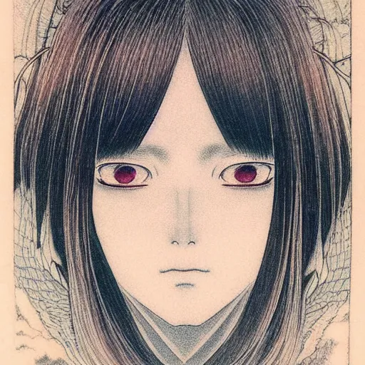 Image similar to prompt: Fragile looking soft light portrait face drawn by Takato Yamamoto and Katsuhiro Otomo, inspired by Ghost in Shell anime, magical and alchemical objects on the side, soft light, intricate detail, intricate ink painting detail, sharp high detail, manga and anime 2000