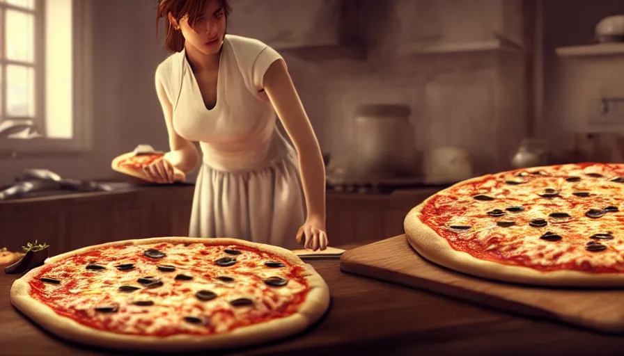 Image similar to cinderella making pizza, photorealistic rendering. artstation, 4 k, hyperrealism