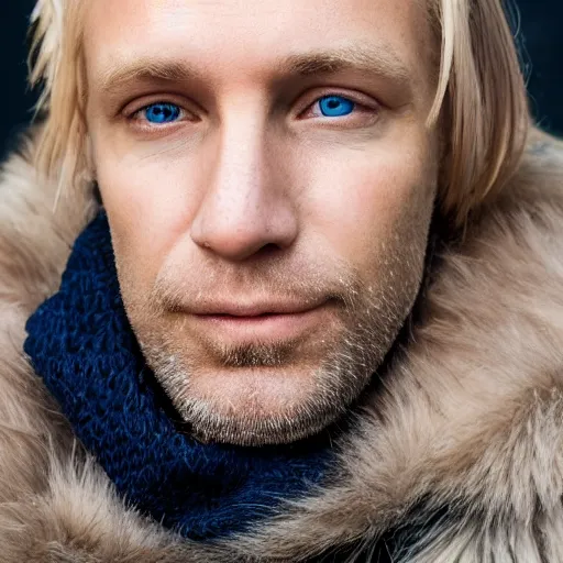 Image similar to close up of face of 4 0 year old anglo slavic blond man with blond stubble, very short wavy blond hair, very dark blue eyes, portrait, 4 k