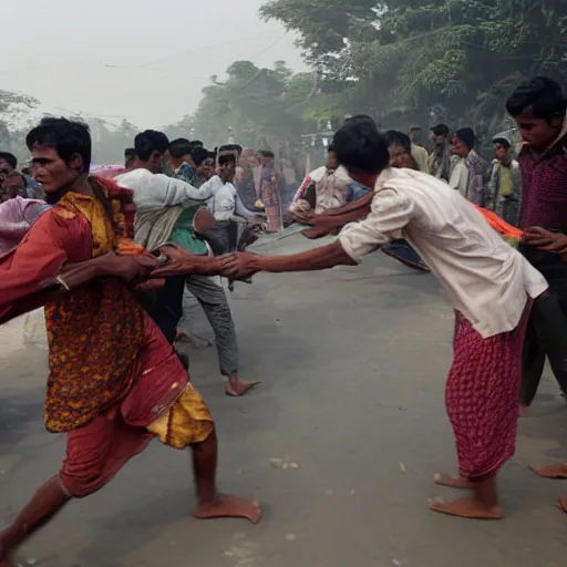 Prompt: cinematic photograph of people in Bangladesh fighting over fuel
