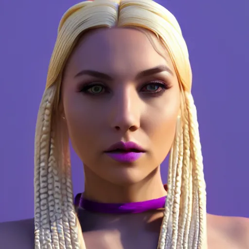 Prompt: Render of a 3d young woman with platinum blonde hair, elegant braids, with vivid purple eyes, serious and stern expression, golden hour, mid-shot, medium shot, hyperdetailed, trending on Artstation, Unreal Engine 4k