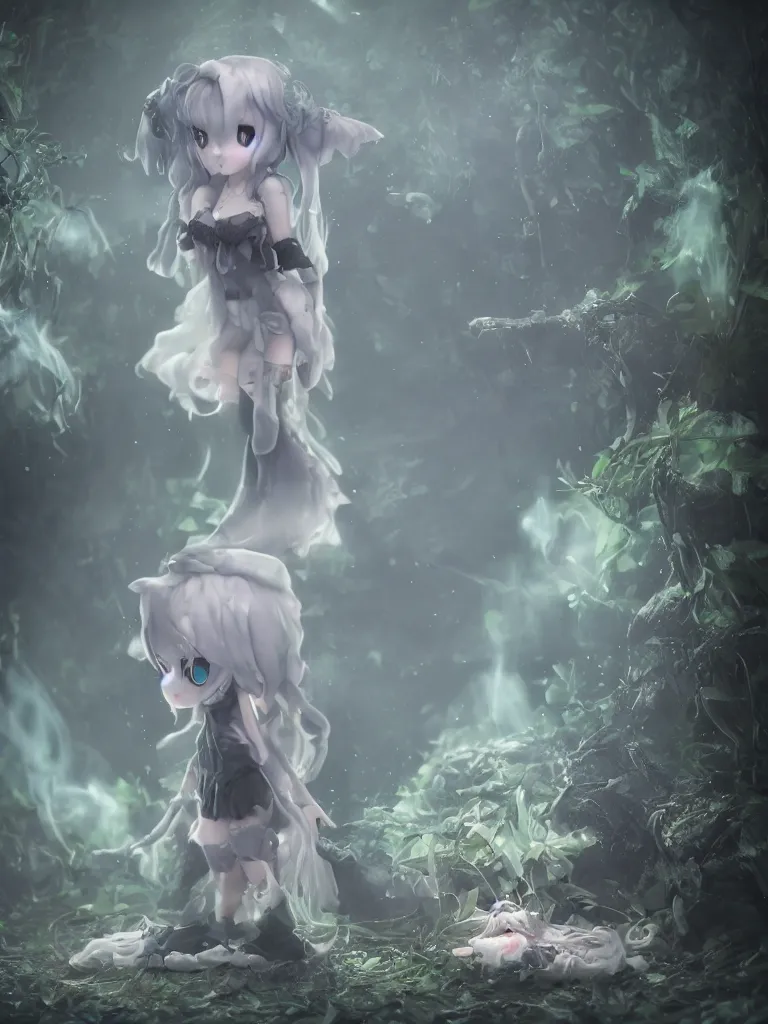 Prompt: cute fumo plush of a frail cursed witch girl wandering the depths of the forbidden jungle, gothic wraith maiden, wispy smoke and volumetric fog, beyond the mirror, filmic, symmetric beauty, moonlight midnight glow, vignette, vray