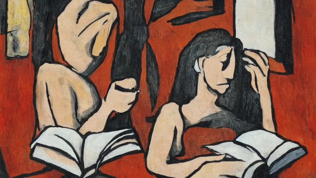 Prompt: a woman reading a book modernism artwork