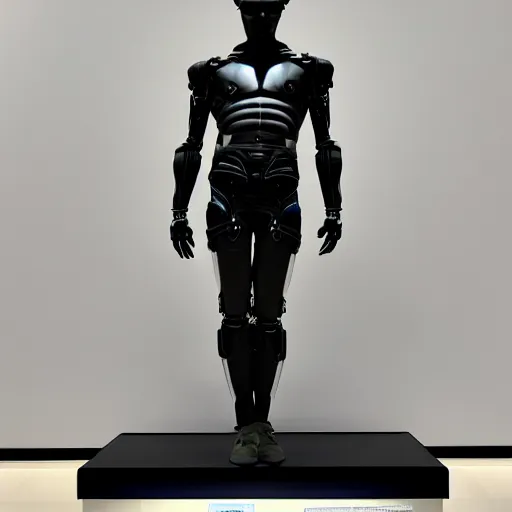 Image similar to a realistic detailed photo of a guy who is an attractive humanoid who is half robot and half humanoid, who is a male android, twitch streamer ninja tyler blevin, shiny skin, posing like a statue, blank stare, at the museum, on display