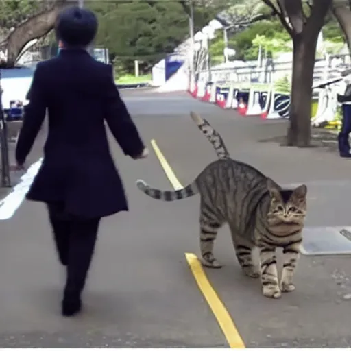 Prompt: cat walk with a candy bail, live crime scene footage from a news japan