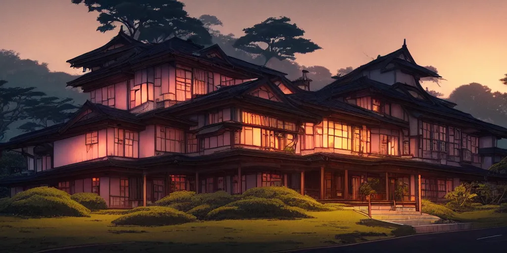 Image similar to twilight lighting, moody, atmospheric, solarpunk, old traditional filipino sleek modern mansion made of wood in a green garden, with a front porch, on the lonely hill by ghibli studio and victor ngai, ghost in the shell, akira, pixar highly detailed, 8 k h 5 7 6