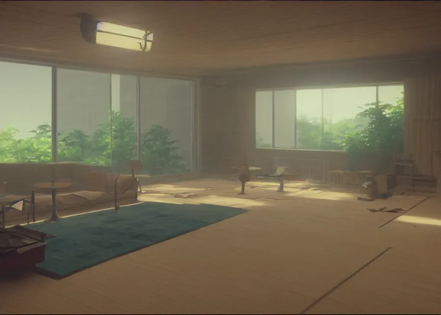 Image similar to interior of a 1 9 7 0 s conversation pit, makoto shinkai, dusty