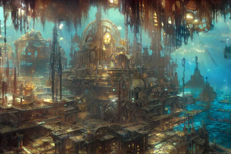 Image similar to underwater city, painting by gaston bussiere, craig mullins, j. c. leyendecker, tom of finland