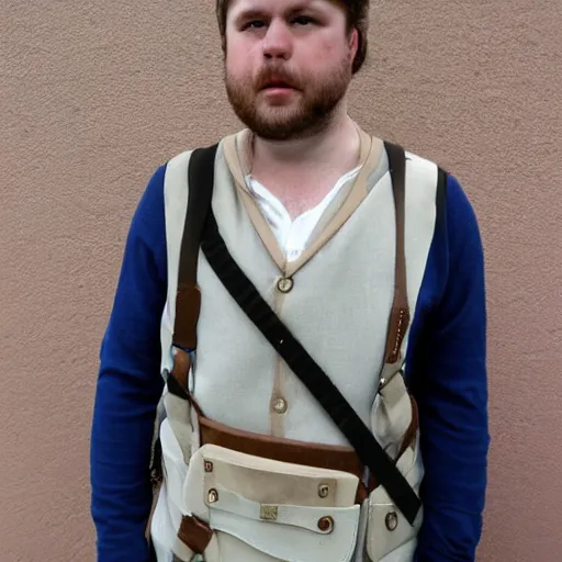 Image similar to white crossbody sling chest bag, (pudgy) british lad with short curly dark brown hair as a hobbit wearing a white men's crossbody sling chest bag and blue vest