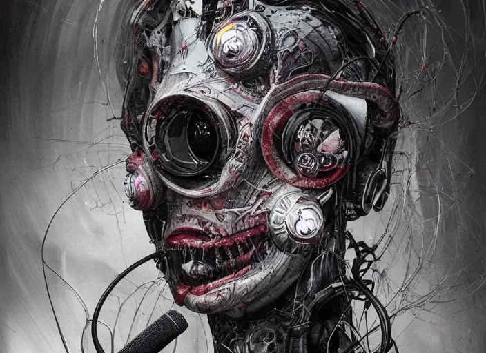 Image similar to a dream microphone in a dystopic world full of aberration, black & white, melting, webbing, 8 k, by tristan eaton, stanley artgerm, tom bagshaw, greg rutkowski, carne griffiths, ayami kojima, beksinski, giger, trending on deviantart, face enhance, hyper detailed, minimalist, horror, alien