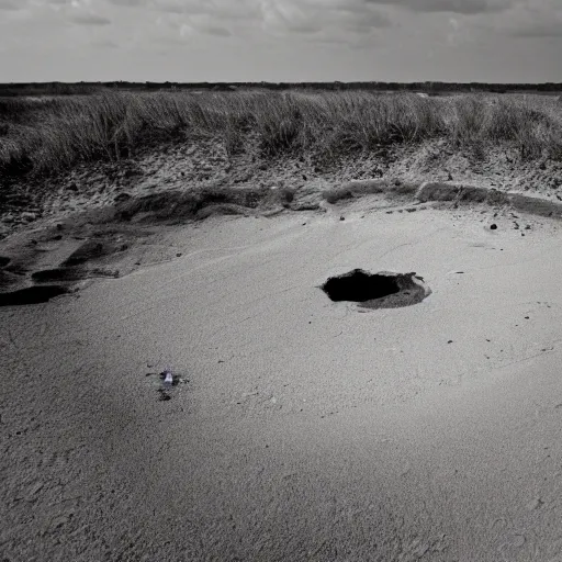 Prompt: deep dark hole on a sandy mississippi beach, no trees no palm trees, no rocks.
