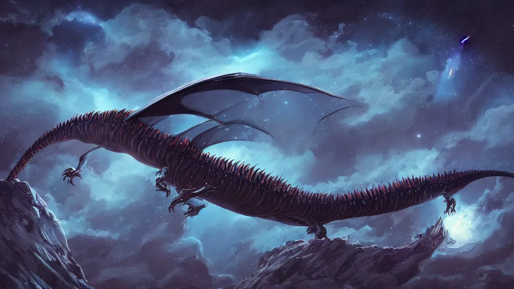 Image similar to surrealist painting of a dragon worm flying through the night sky, glowing blue, surrounded by brilliant stars, cinematic shot, fantasy artwork, award winning, hyper detailed, very very very very very very beautiful, studio lighting, artstation