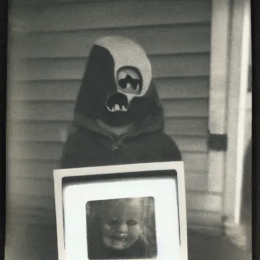 Image similar to found polaroid on a table. picture of a young child with a scary mask on a front porch. dark and spooky, flash photography