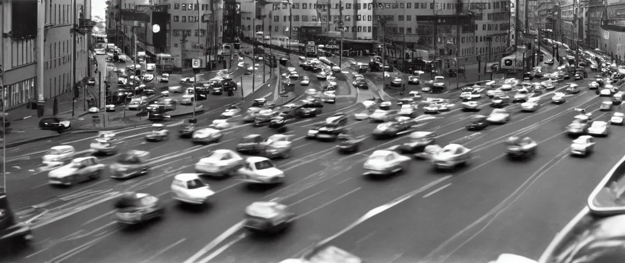 Prompt: Photo of Stockholm car traffic in the far future, Arriflex ii, 35mm lens, award-winning, city