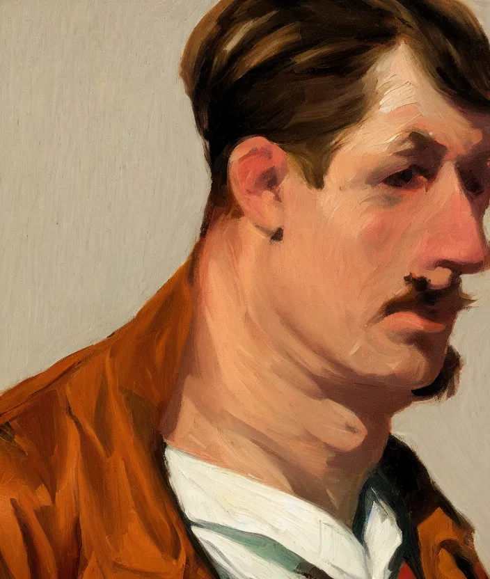 Image similar to a very detailed closeup portrait of a man, a leather jacket over his shoulder, in the style of edward hopper and oswald hornby joseph birley, very small brushstrokes, 4 k,