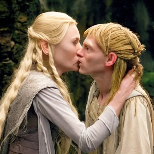 Prompt: galadriel kissing a hobbit