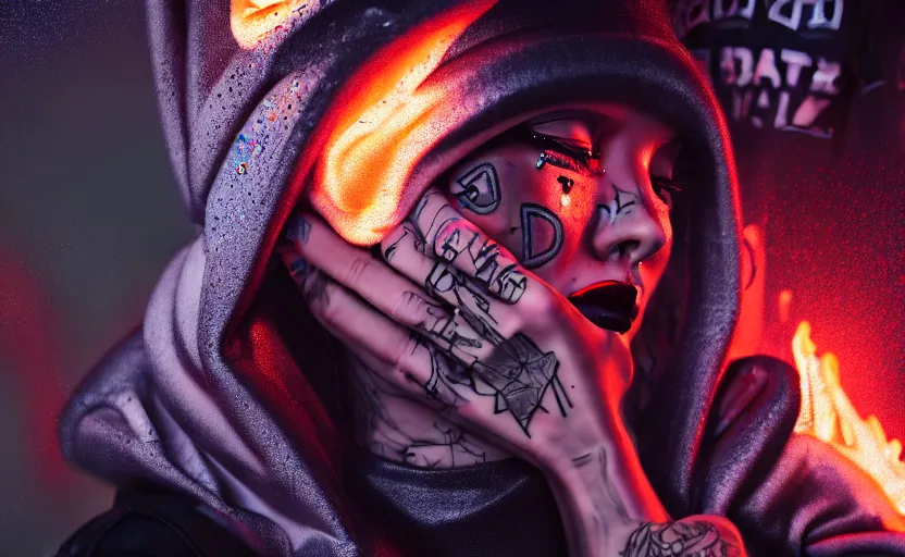 Prompt: digital painting of a streetwear woman holding back tears, a futuristic shanty town burns in the background, distress, tattoos, dark strokes, dark glitter, 4k, 8k, hd, full color, octane render, trending on artstation, highly detailed