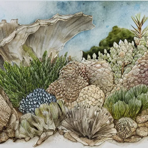 Image similar to delicate coastline mountain garden on paper, stony, puffy, botanical herbarium, botanic watercolors, iridescent, 8 k wide angle, realistic shaded, fine details, artstation, italian, colonnade, oak, pinecone, pomegranade, vines, gardena architecture, pompeian, sicilian