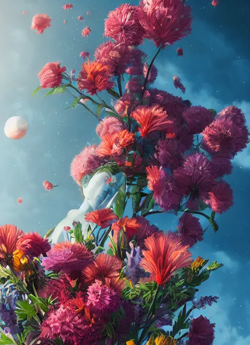 Image similar to An epic fantastic realism comic book style painting of the most beautiful flowers launched into space, bouquets, fisheye lens, unreal 5, DAZ, hyperrealistic, octane render, dynamic lighting