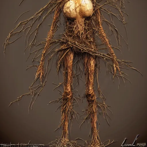 Prompt: amazing detailed realistic concept art of a female scarecrow made of twigs and metal, digital art artstation