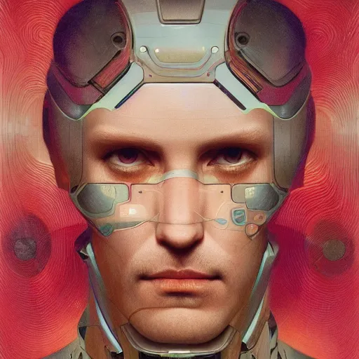 Image similar to portrait of a middle aged male android, coy, circuitry visible in head, in the style of ex machina, karol bak, alphonse mucha, greg rutkowski, award winning, hr giger, artstation
