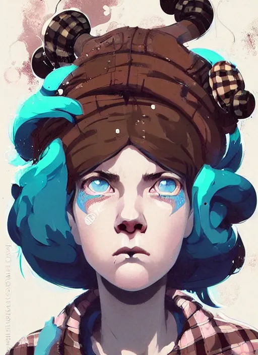 Prompt: highly detailed portrait of a sewer punk lady student, blue eyes, tartan hoody, ringlet hair by atey ghailan, by greg rutkowski, by greg tocchini, by james gilleard, by joe fenton, by kaethe butcher, gradient pink, brown, light blue and white color scheme, grunge aesthetic!!! ( ( graffiti tag wall background ) )