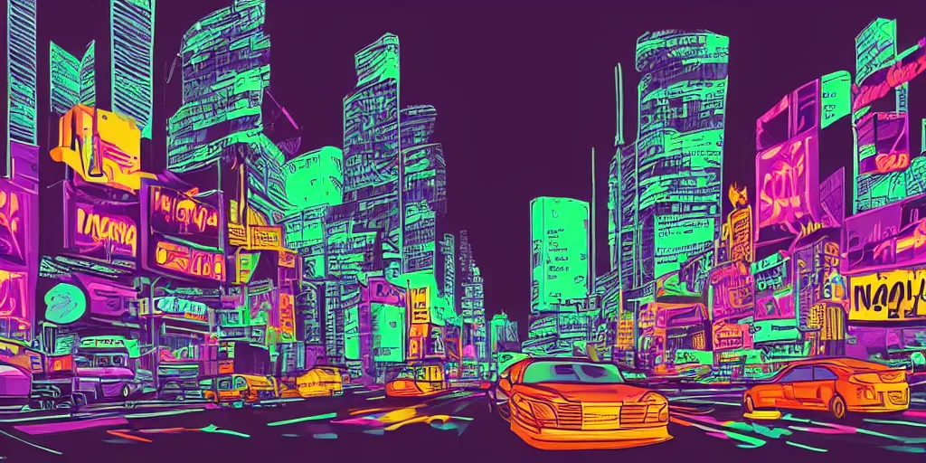 Image similar to cityscape covered with neon billboards and dark streets, cartoon