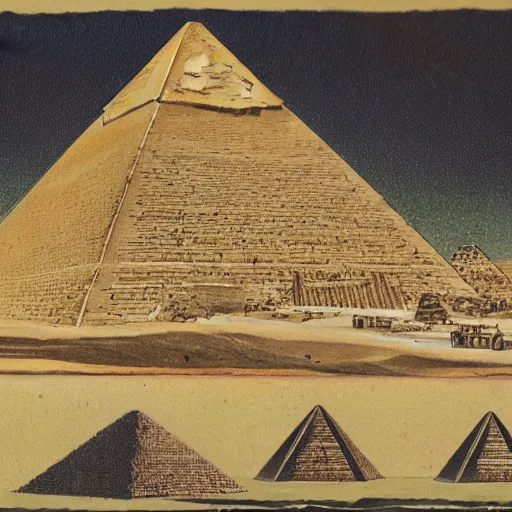 Image similar to an old journal page with a rich illustration of a ufo laying blocks of a half-built Pyramid of Giza