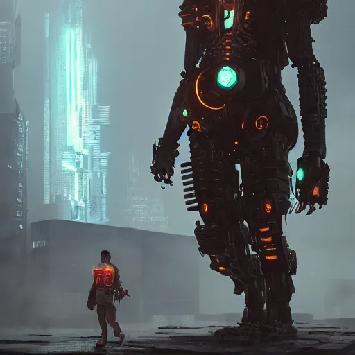 Image similar to a giant walking machine in a cyberpunk world, au naturel, hyper detailed, digital art, trending in artstation, cinematic lighting, studio quality, smooth render, unreal engine 5 rendered, octane rendered, art style by klimt and nixeu and ian sprigger and wlop and krenz cushart