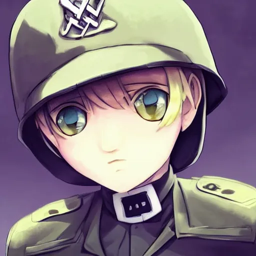Image similar to beautiful little blonde boy in nazi uniform. made in abyss art style, inspired by kris from deltarrune, cute detailed artwork, anatomically correct, soft details, ilya kuvshinov, reflection, perfect composition, portrait, illumination, digital art, detailed anime soft face, symmetrical face, western comic, illustration, realistic, evil face