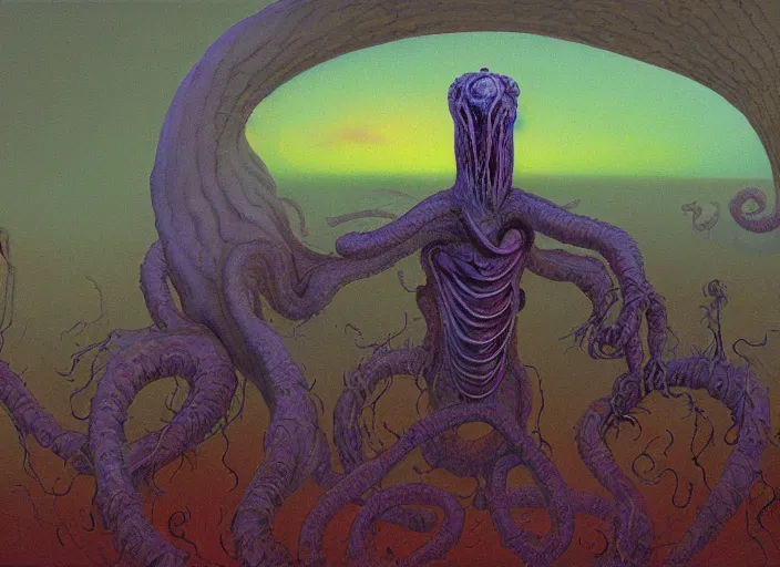 Image similar to surrealist impressionist painting of eldritch garfield at dusk, in the style of michael whelan and james gurney and wayne barlowe