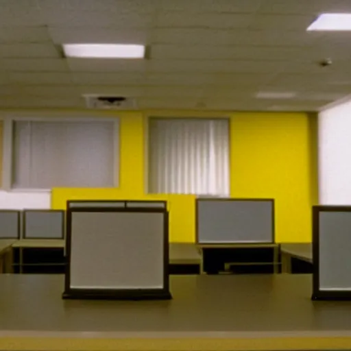 Prompt: a vhs captured photo of a bleak office space with yellow walls, faintly fluorescent lights and no one around. the entire scene is unsettling