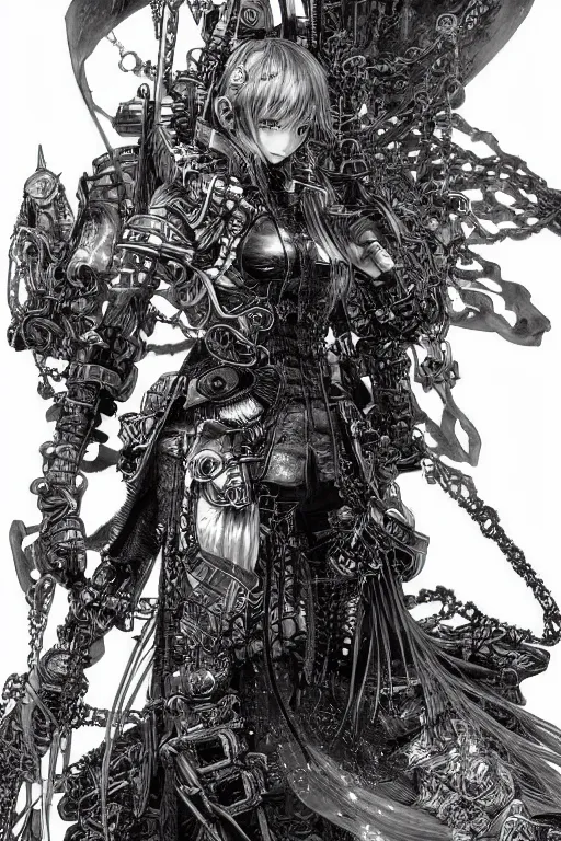 Image similar to a vertical portrait of a character in a scenic environment by Yoshitaka Amano and Nihei Tsutomu, black and white, dreamy, steampunk armor, highly detailed