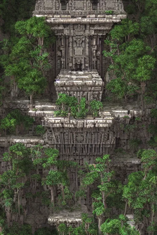 Image similar to ancient fractal temple megastructure in the hanging gardens of babylon, scanned earth terrain, erosion algorithm landscape, by albert bierdstat, by glenn small, high fantasy, high resolution, photorealism, populated by luminous beings, volumes of fog