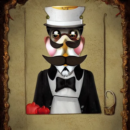 Image similar to a chicken butler with a fancy mustache and a monocle, high detail, digital art,