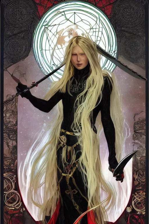 Prompt: tarot card, 4k HD digital full body portrait of Elric of Melibourne, long white hair, black paper, Long black sword with red glowing runes, by Alphonse Mucha, Craig Mullins, Marc Simonetti, Artstation