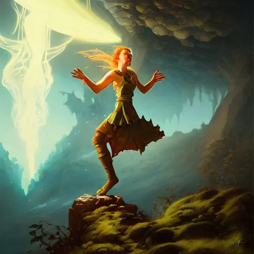 Image similar to a female fantasy halfling hobbit fistfighter, speaking to her glowing goddess of mist and light, detailed dynamic light painting by peter mohrbacher and albrecht anker