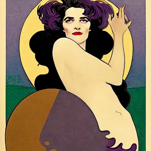 Image similar to Eva Green is Metamorpho, the Element Woman, Art by Coles Phillips, Chalk white skin, deep purple hair, Green eyes, Portrait of the actress, Eva Green as Metamorpho, art deco, Alphonse Mucha, carbon black and antique gold