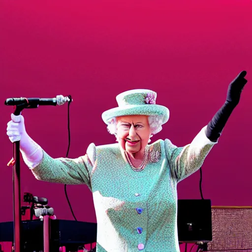 Image similar to Queen Elizabeth II rocking out on guitar, on stage at Coachella, performing a solo for the adoring crowd, photorealism