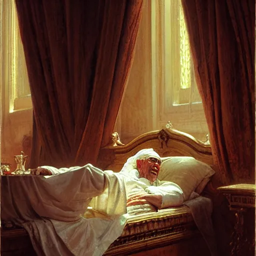 Prompt: the pope wakes up is his bed, sweating, nervous and terrified, a shadow demon lurks in the curtains of the papal bedroom. highly detailed painting by gaston bussiere, j. c. leyendecker, greg rutkowski, craig mullins 8 k